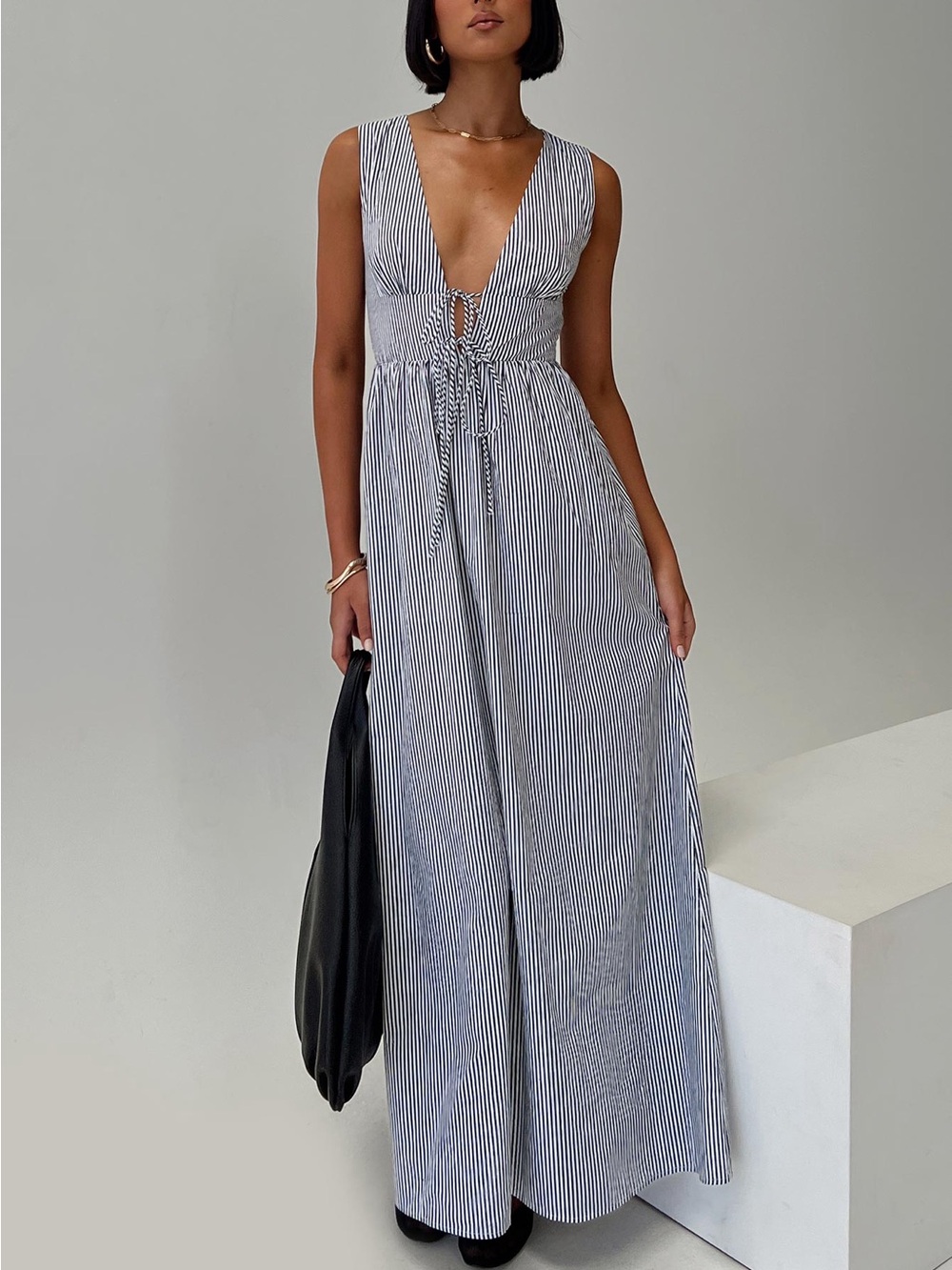 Princess Polly Black and White Striped Deep V Maxi Dress